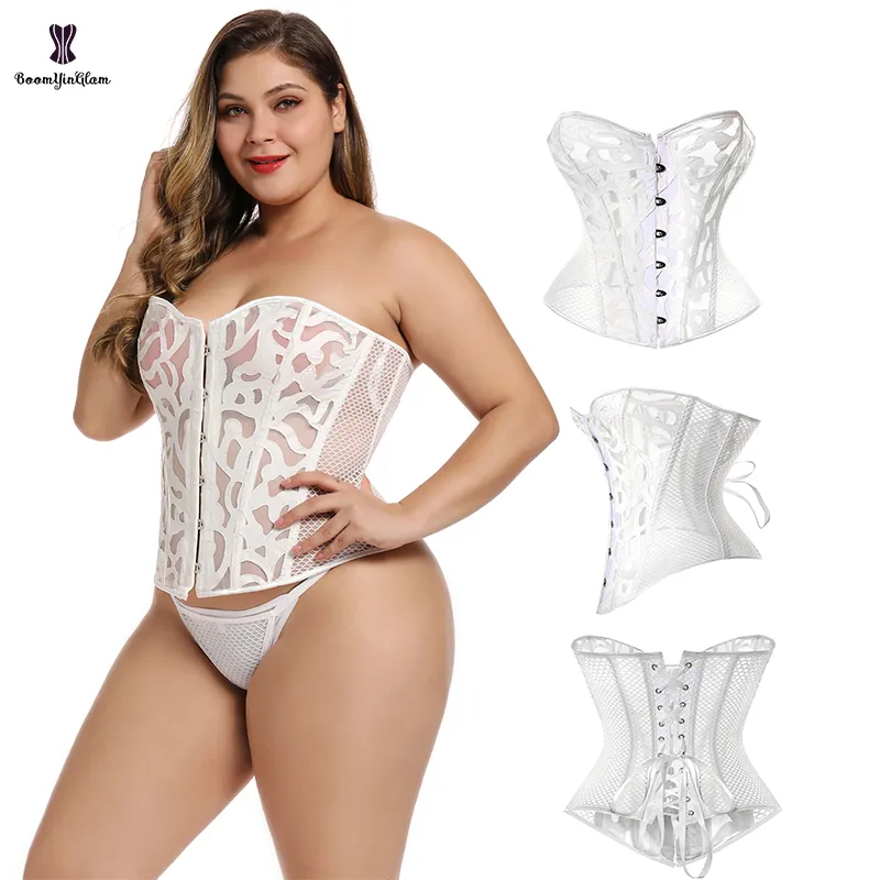 Plus Size perizoma Body clessidra Body Shapers Wedding Leather Korsett Women White Mesh corsetto da sposa Top con T String