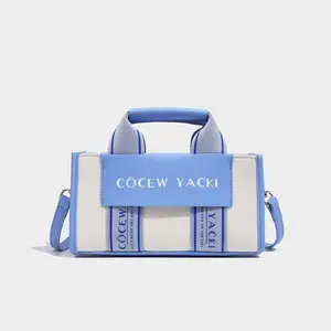 Hot selling Custom Logo Square Denim HandBags with straps Jean cotton canvas tote Women bags Contrasting colors crossbody Purses