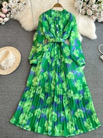 Robe Plissée Imprimée Ceinturée Manches Longues Style Rétro Coupe Cintrée Évasée Élégante Grand Ourlet