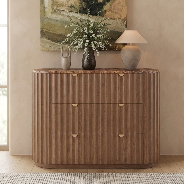 FERLY Luxury Italian Design Natural Brown Marble Top 3 Drawer Modern Bedroom Furniture Chest of Drawers Storage Cabinet