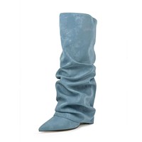 Bottes longues pour femmes, style pantalon ample, à bout pointu, froncées, à enfiler, à talon bloc très haut, grandes tailles, type bottes de chevalier, fabrication ODM OEM