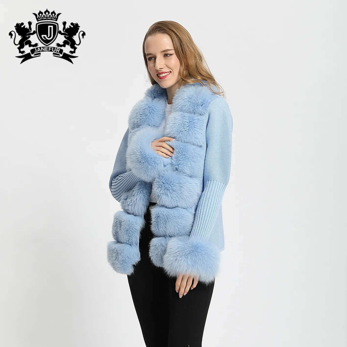 Janefur Fox Fur Sweater Slim Girl Real Fox Fur Cardigan Soft Cozy Women Outwear with Wholesale Price