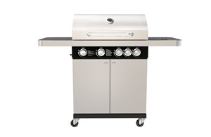Griglia BBQ <span class=keywords><strong>a</strong></span> <span class=keywords><strong>Gas</strong></span> in Acciaio Inox <span class=keywords><strong>per</strong></span> <span class=keywords><strong>Esterni</strong></span> con Ruote Frenanti, Griglia di Cottura in Ghisa Certificata CE 82x43cm, Doppio Strato Nero Lucido - Product Image 3