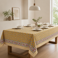 Nappe rectangulaire en coton imprimé floral jaune moutarde avec bordure décorative pour la maison