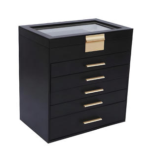 صندوق مجوهرات كبير عبر الحدود 6 طبقات مع مرآة الأقراط سوار قلادة تخزين أسود في المخزون - Product Image 1