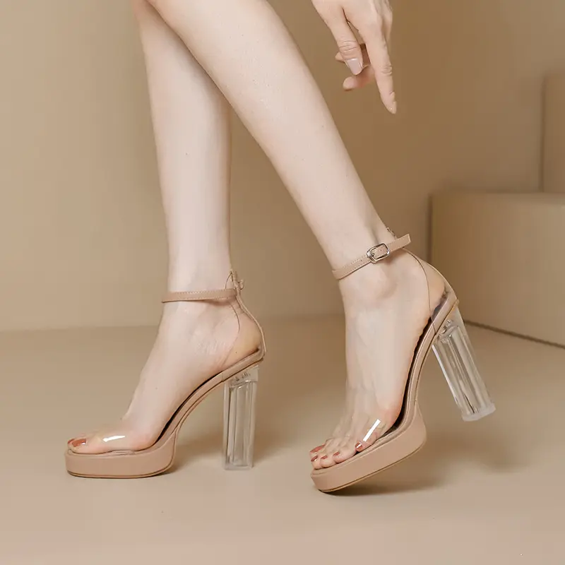 One-Word Buckle Transparent High-Heeled Women's Fairy Style Waterproof Platform Crystal Medium Thick Heel Sandals