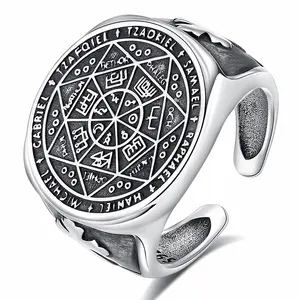 Mens Jewelry 925 Sterling Silver Tetragrammaton Powerful Amulet Seal of Seven Archangels King Solomon Statenent Signet Ring