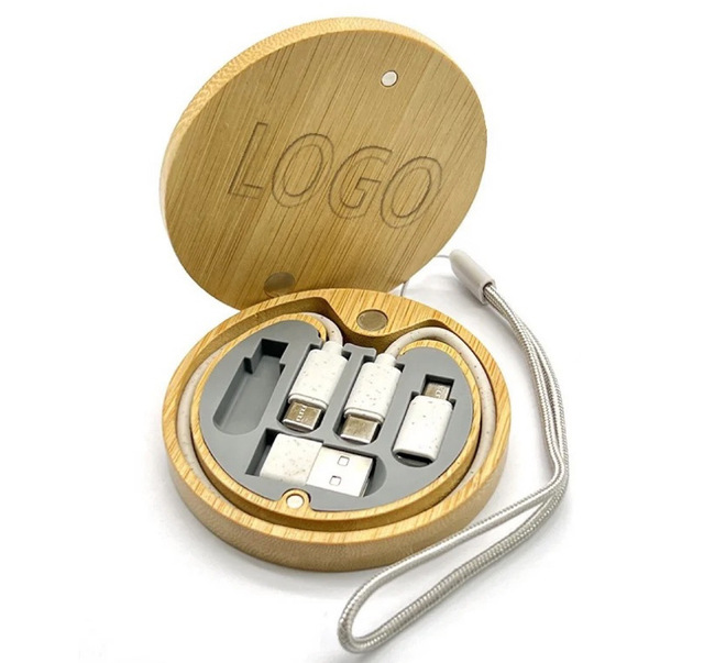 Eco Friendly 3 in 1 Bamboo Charging Cable Kit With Storage Box Custom Logo Business Gift