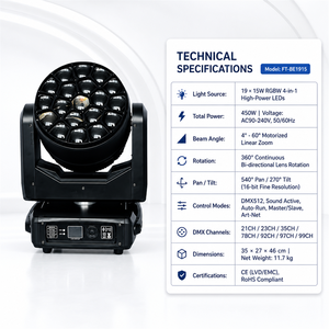 ไฟหัวขยับแบบปรับซูมได้ 19x15W RGBW Pixel Control Bee Eye พร้อมเอฟเฟกต์ Beam Wash Kaleidoscope สำหรับเวที คอนเสิร์ต ดีเจ และโรงละคร - Product Image 5