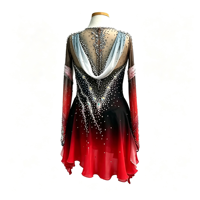 Robe de patinage artistique à col haut et manches longues, dégradé noir et rouge, avec strass en maille pour enfants et adultes, pour les compétitions sur glace