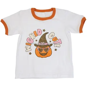 High Quality Kids Girls Short Sleeve T-shirt Casual Halloween Style Neutral Children Top Clothing Pumpkin Print Baby Tops