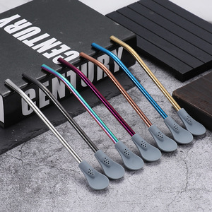 Cuchara de acero inoxidable 304 con pajita de silicona para bebidas, cuchara mezcladora de café extraíble con filtro, cuchara para té. - Product Image 1