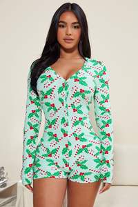 Nuevo Pijama Enterizo de Moda para <span class=keywords><strong>Mujer</strong></span> de Manga Larga y Pantalón Corto con Estampado de Papá Noel, Ajustado, Sexy con Escote en V Profundo para <span class=keywords><strong>Navidad</strong></span> - Product Image 4