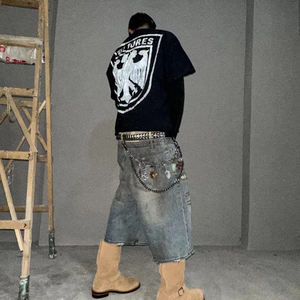 Shorts en jean pour homme, style vintage Y2K, taille haute, délavé, déchiré, avec ceinture et boutons, coupe ample, été - Product Image 6