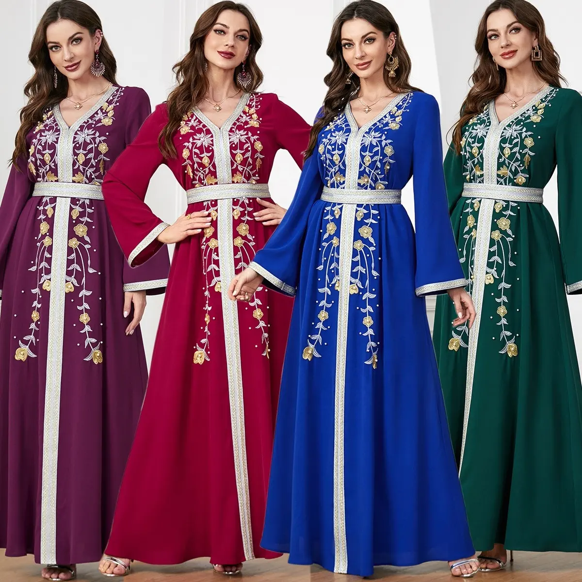 Eid müslüman mütevazı Abaya kadınlar nakış kollu Abayas açık hırka Jalabiya parti elbiseler Dubai Kaftan uzun Robe