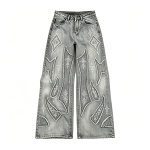 Jeans Larghi da <span class=keywords><strong>Uomo</strong></span> Streetwear con Ricamo Gotico a Croce e Stella e Orlo Grezzo per Brand di Moda - Product Image 3