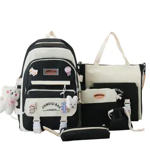 5 टुकड़े-सेट कंधे बैग उच्च क्षमता वाली पेंसिल बैग बैग नायलॉन छात्रों स्कूल बैग प्यारा बैकपैक