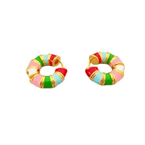 Fashion hip hop rap plated jewelry brass colorful multi color lacquer glazed enamel cartilage huggie hoop chunky Earrings