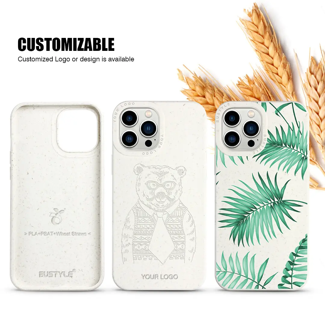 Funda de teléfono móvil de fibra vegetal compostable para iPhone 15 pro Max, logotipo de marca ecológico, fundas de teléfono de fibra vegetal biodegradables