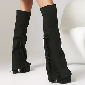 Botas Altas de Mujer Talla 44 con Superposición de Gamuza, Tacón Grueso y Plataforma, Punta Redonda Plegable - Product Image 3