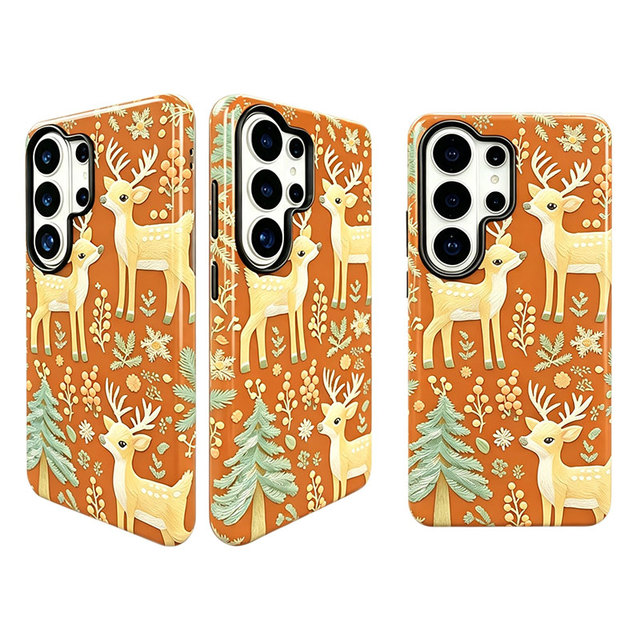 For Samsung Galaxy Case Cute Woodland Deer Floral Embossed Pattern Hard PC Shockproof Protective Phone Cover for Women Girls