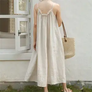 Custom High Quality Summer Women Loose Vintage Casual Maxi Long Sleeveless Solid Color 100 Percent Ladies Linen Dress Free Size