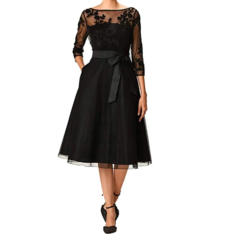 Black half sleeve midi length embroidery tulle womens 50s 60s vintage party dresses