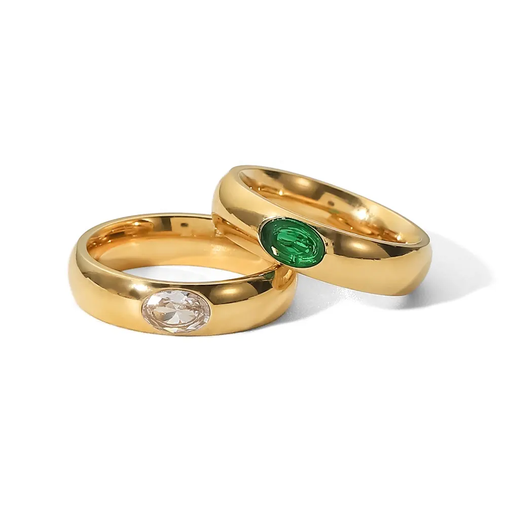 Popular Elliptic Emerald White Diamond Setting 14K Gold Plated Stainless Steel Fashion Female Rings