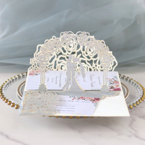 Carte de vœux laser 3D pour mariage, avec fleurs roses, pour demoiselle d'honneur, invitation de mariage, papier pailleté, invitation de fiançailles - Product Image 5