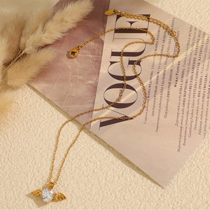 Heart Shaped Zircon Angel Wing Pendant Necklace And Earrings Set 18k Gold Plated <b>Titanium</b> Steel Women's Everyday Wear Jewelry - Product Image 3