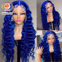 Wig tanpa lem longgar biru muda gelombang dalam rambut manusia berwarna 5x5 Wig rambut manusia menutupi seluruh bagian renda transparan