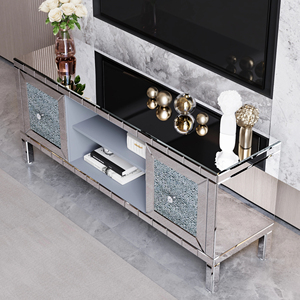 <b>Mirrored</b> TV Stand 60 Inch Crushed Diamond Glass <b>Doors</b> Modern Media Console Living Room Adjustable Storage - Product Image 3