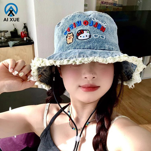 Mùa Hè Mát Mẻ Phụ Nữ Của Xô Mũ Dễ Thương Phim Hoạt Hình Thêu Kem Chống Nắng KT Denim Chất Liệu Mũ Quà Tặng Của Quý Vị Cảm Hứng Từ Hello Kitty - Product Image 1