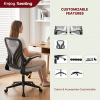 Chaise de bureau ergonomique à dossier mi-haut en maille, dossier papillon, soutien lombaire, accoudoirs relevables, pliable, 3 vérins à gaz, pivotante