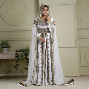 Abaya blanche ornée de perles en polyester, évasée, longue, à motif géométrique, robe de mariée pour femmes, style Moyen-Orient - Product Image 1