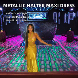 Nuevo Vestido Maxi Metálico Sólido con Cuello Halter y Aberturas para Mujer CX7666, con Abertura Alta, Fruncido y Pedrería, Estilo Bodycon, para Fiesta de Noche, Colección 2026 de Fábrica - Product Image 2