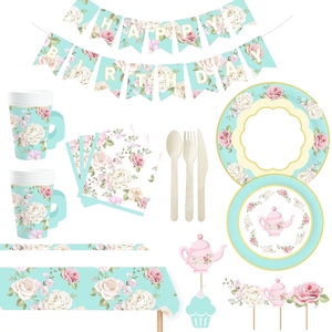 ชุดถ้วยน้ำชา จานรอง กระดาษเช็ดปาก ถ้วยชาและจานรองพร้อมหูจับ สำหรับงานเลี้ยงวันเกิดเจ้าหญิง ตกแต่งงานฉลองวันเกิดเด็ก ลายดอกไม้ - Product Image 1