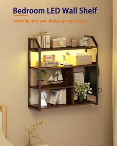 Étagère murale industrielle SENYU en bois et en fer avec éclairage LED, étagère de rangement à quatre niveaux pour la décoration de chambre - Product Image 1