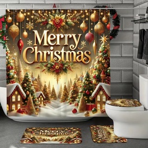 Cortina de Ducha de Poliéster con Diseño de Pueblo Navideño Dorado, Cortina de Baño con Impresión Digital, Impermeable, Impresión Personalizada, Venta al por Mayor, Moderna - Product Image 3