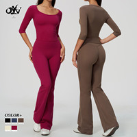 Ensemble de yoga OV simple, uni, confortable, doux pour la peau, pour femmes, vêtements de sport, haute élasticité, ajusté, amincissant, manches courtes