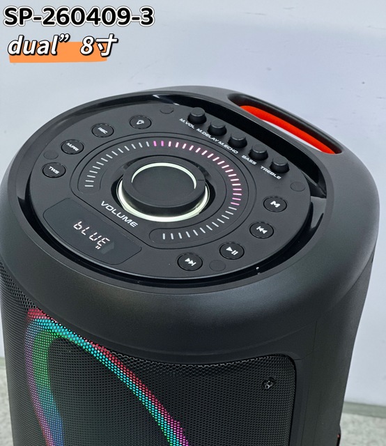 Dual 8 Inch Portable Bluetooth Speaker SP-260409-3, RGB Party Speaker with Wireless Mic, TWS Karaoke Sound System