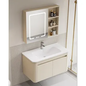稳定的现代风格浴室梳妆台壁挂橱柜浴室梳妆台平板洗手盆，带铝金色线条装饰