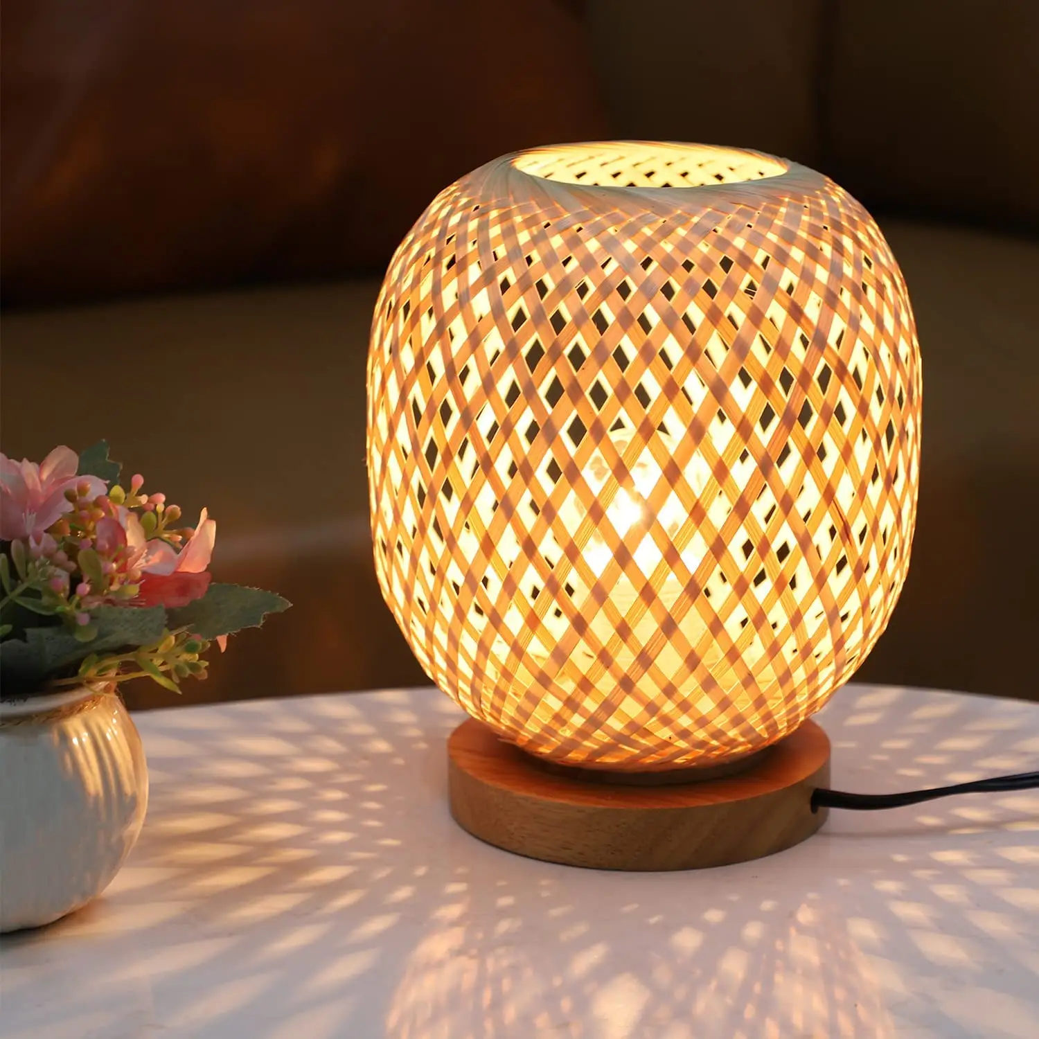 Small Wicker Tabletop Bedside Table Lamp Decorative Luminaire Boho Edge Lamp Dimmable Rattan Bamboo Woven Table Lamp