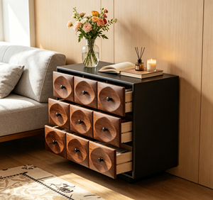 Mueble de Almacenamiento Moderno de Lujo en Madera con Marco Negro, 9 Cajones, Puertas de Tablero, Multiusos, para Sala de Estar o Dormitorio - Product Image 6