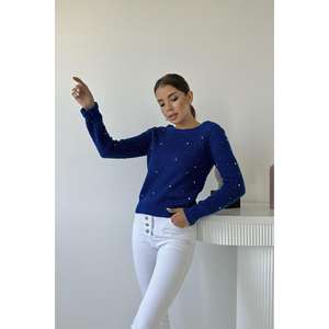 Cárdigan de punto azul casual con cuentas para mujer, abotonado, con estampado floral frontal, ideal para invierno, venta al por mayor - Product Image 2