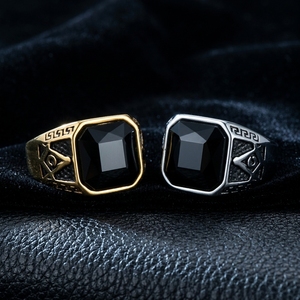Freemason <b>Ring</b> for <b>Men</b> Steel Gold Geometric Design Black Stone Bezel Setting Dongguan Origin Gift Jewelry - Product Image 1
