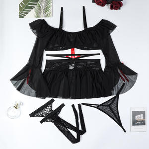 Wholesale Bow Knot Four-piece Lingerie Set With Fishnet <b>Stocking</b> Sexy Erotic See-through Mesh Dress Bra Set - Product Image 6