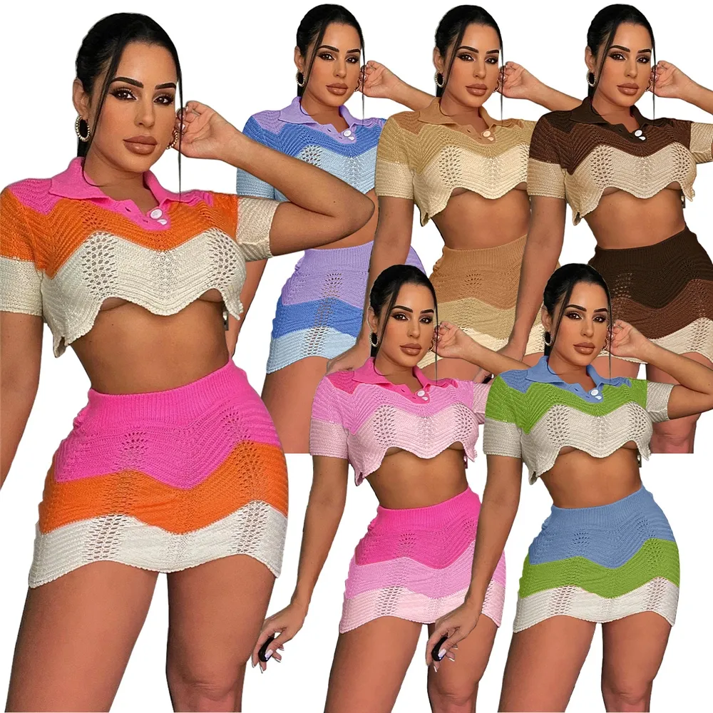 2023 Summer Two Piece Set Women Clothing Knit Short Sleeve Contrast Color Short Mini Skirt Crop Top 2 Piece Skirt Set Women