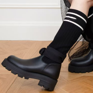 Genuine Leather Chelsea <b>Boots</b> Ankle Round Toe Buckle Strap Solid Color Anti-Slippery Rubber Outsole All Seasons - Product Image 1
