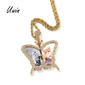 UWIN New Iced Out Butterfly Photo Pendant Picture Memory Necklace Rose gold Color Women Man Jewelry